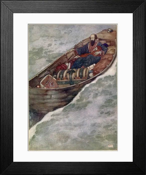 Framed Print : The Tempest by William Shakespeare. Act I, scene II. Prospero: A rotten carcass of a butt, not rigg'd, nor tackle, sail nor mast. Prospero and Miranda are cast upon the ocean in an unseaworthy boat. Illustration by Edmund Dulac. Date: 1908 Framed Print : The Tempest by William Shakespeare. Act I, scene II. Prospero: A rotten carcass of a butt, not rigg'd, nor tackle, sail nor mast. Prospero and Miranda are cast upon the ocean in an unseaworthy boat. Illustration by Edmund Dulac. Date: 1908