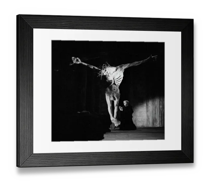 Framed Print : Scene from the John Osborne play, Luther at the Royal Court Theatre with the crucifixion figure designed by Jocelyn Herbert, the theatre designer who had a long association with productions at the Royal Court. Date: 1961 Framed Print : Scene from the John Osborne play, Luther at the Royal Court Theatre with the crucifixion figure designed by Jocelyn Herbert, the theatre designer who had a long association with productions at the Royal Court. Date: 1961