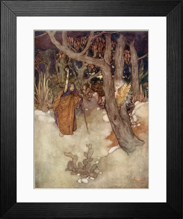 Framed Print : The Tempest by William Shakespeare. Act I, scene II. Prospero: She did confine thee...And in her most unmitigable rage, into a cloven pine. The witch Sycorax imprisons Ariel between two branches of a tree. Illustration by Edmund Dulac. Date: 1908 Framed Print : The Tempest by William Shakespeare. Act I, scene II. Prospero: She did confine thee...And in her most unmitigable rage, into a cloven pine. The witch Sycorax imprisons Ariel between two branches of a tree. Illustration by Edmund Dulac. Date: 1908