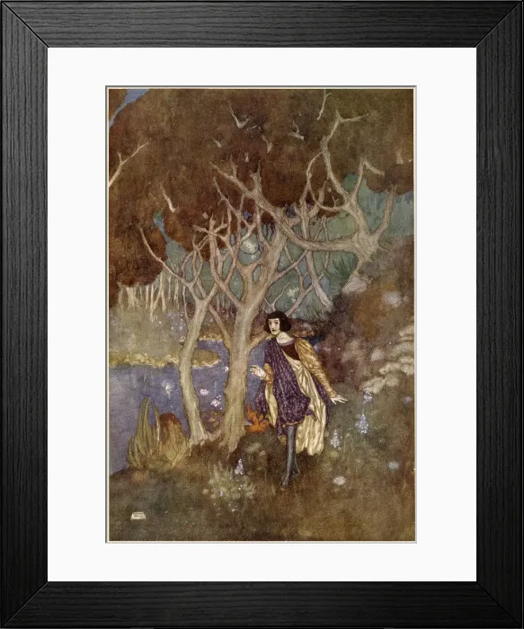 Framed Print : The Tempest by William Shakespeare. Act I, scene II. Ferdinand: Thence I have follow'd it, or it hath drawn me rather. Illustration by Edmund Dulac. Date: 1908 Framed Print : The Tempest by William Shakespeare. Act I, scene II. Ferdinand: Thence I have follow'd it, or it hath drawn me rather. Illustration by Edmund Dulac. Date: 1908