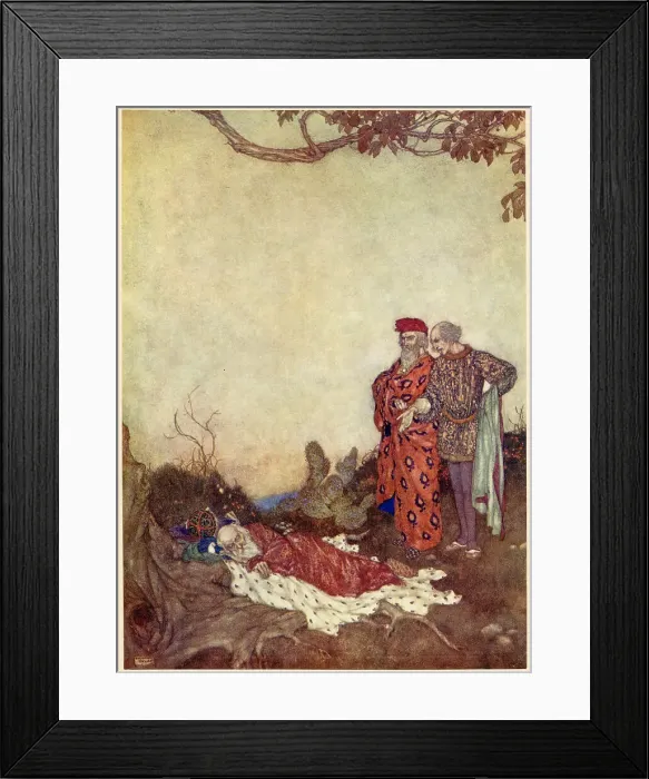 Framed Print : The Tempest by William Shakespeare. Act II, scene I. Antonio: Here lies your brother, no better than the earth he lies upon. Illustration by Edmund Dulac. Date: 1908 Framed Print : The Tempest by William Shakespeare. Act II, scene I. Antonio: Here lies your brother, no better than the earth he lies upon. Illustration by Edmund Dulac. Date: 1908