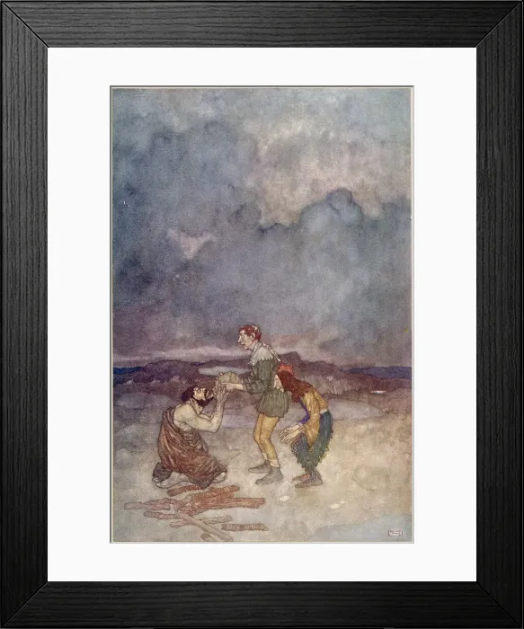 Framed Print : The Tempest by William Shakespeare. Act II, scene II. Stephano: come, swear to that: kiss the book. Illustration by Edmund Dulac. Date: 1908 Framed Print : The Tempest by William Shakespeare. Act II, scene II. Stephano: come, swear to that: kiss the book. Illustration by Edmund Dulac. Date: 1908