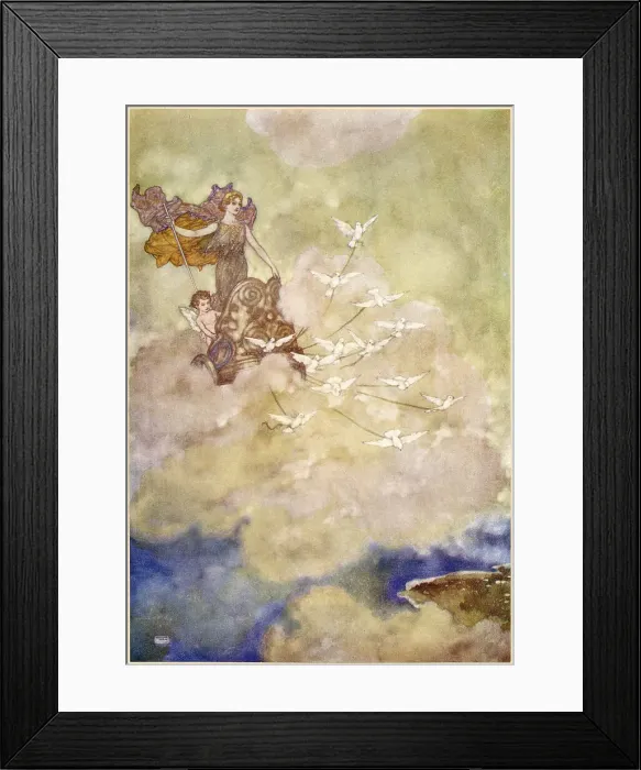 Framed Print : The Tempest by William Shakespeare. Act IV, scene I. Iris: I met her deity cutting the clouds towards Paphos. The goddess Venus in her dove-drawn chariot with her son Cupid. Illustration by Edmund Dulac. Date: 1908 Framed Print : The Tempest by William Shakespeare. Act IV, scene I. Iris: I met her deity cutting the clouds towards Paphos. The goddess Venus in her dove-drawn chariot with her son Cupid. Illustration by Edmund Dulac. Date: 1908