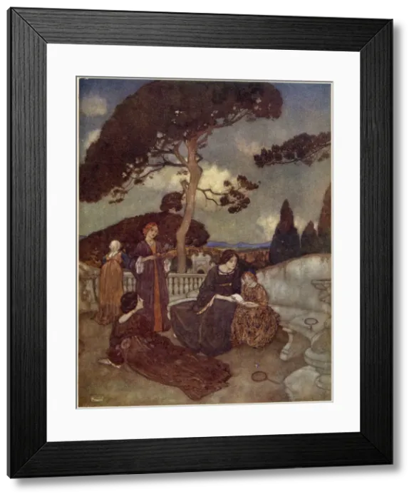 Framed Print : The Tempest by William Shakespeare. Act IV, scene I. Juno: Go with me to bless this twain, that they may prosperous be and honour'd in their issue. Illustration by Edmund Dulac. Date: 1908 Framed Print : The Tempest by William Shakespeare. Act IV, scene I. Juno: Go with me to bless this twain, that they may prosperous be and honour'd in their issue. Illustration by Edmund Dulac. Date: 1908