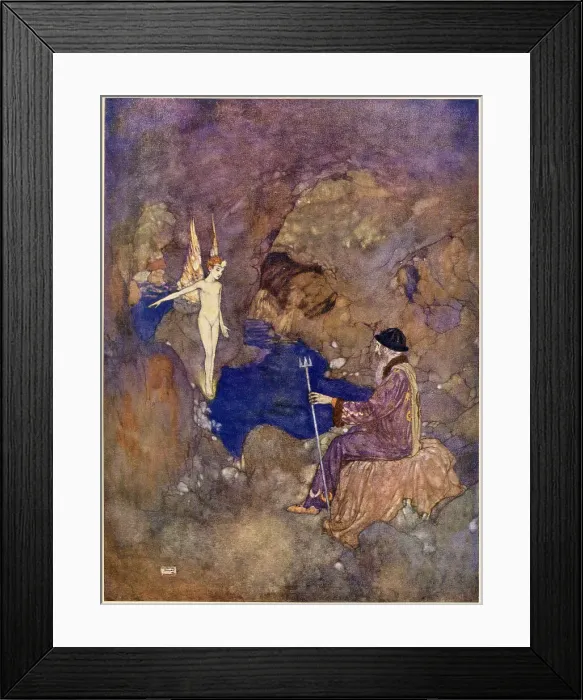 Framed Print : The Tempest by William Shakespeare. Act V, scene I. Ariel: All prisoners, sir, in the lime-grove which weather-fends your cell. Illustration by Edmund Dulac. Date: 1908 Framed Print : The Tempest by William Shakespeare. Act V, scene I. Ariel: All prisoners, sir, in the lime-grove which weather-fends your cell. Illustration by Edmund Dulac. Date: 1908
