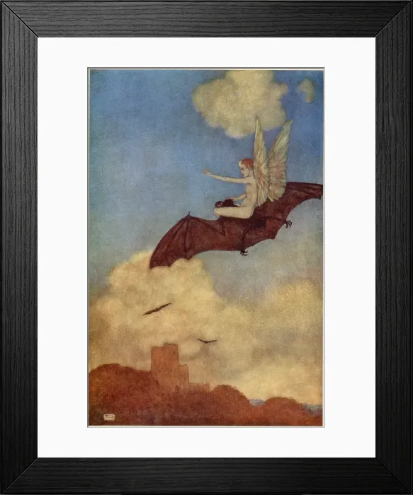 Framed Print : The Tempest by William Shakespeare. Act V, scene I. Ariel: On the bat's back I do fly after summer merrily. Illustration by Edmund Dulac. Date: 1908 Framed Print : The Tempest by William Shakespeare. Act V, scene I. Ariel: On the bat's back I do fly after summer merrily. Illustration by Edmund Dulac. Date: 1908