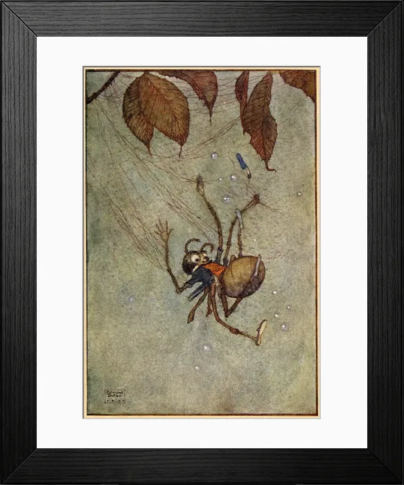 Framed Print : The web and the diamonds, and the Big Spider himself all fell to the ground. Scene from the story, The Big Spider's Diamonds, illustrated by Edmund Dulac. Date: 1913 Framed Print : The web and the diamonds, and the Big Spider himself all fell to the ground. Scene from the story, The Big Spider's Diamonds, illustrated by Edmund Dulac. Date: 1913