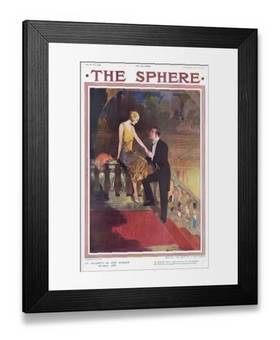 Framed Print : Inner front cover of The Sphere magazine showing a 1920s couple enjoying a romantic moment on a staircase away from the party downstairs. Date: 1925