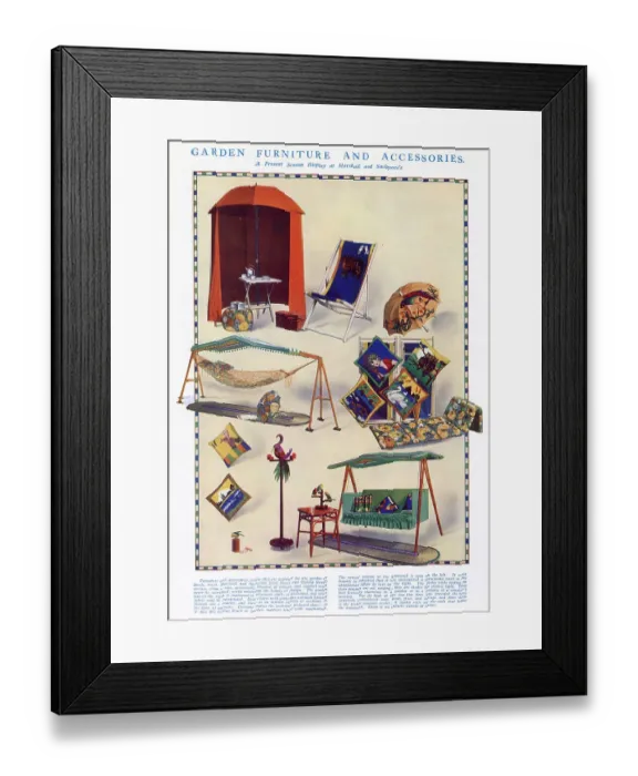 Framed Print : A selection of brightly coloured garden furniture and accessories from Marshall and Snelgrove including a tent, deckchairs, hammock, cushions and swinging seat. There are even lights in the form of birds on perches. Date: 1925 Framed Print : A selection of brightly coloured garden furniture and accessories from Marshall and Snelgrove including a tent, deckchairs, hammock, cushions and swinging seat. There are even lights in the form of birds on perches. Date: 1925
