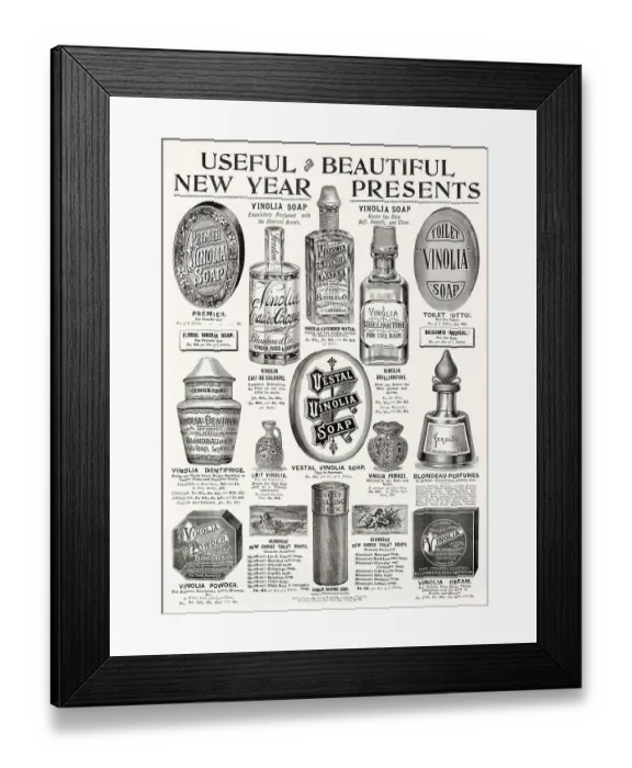 Framed Print : Beauty products for gifts for New Years. Date: 1895 Framed Print : Beauty products for gifts for New Years. Date: 1895