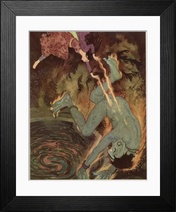 Framed Print : The Story of the Three Calendars. The Princess burns the efrite to death. Date: 1914 Framed Print : The Story of the Three Calendars. The Princess burns the efrite to death. Date: 1914
