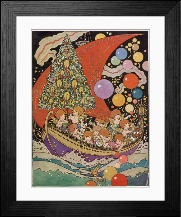 Framed Print : A ship filled with angels or cupids, with a Christmas tree illuminated by candles, sails through the waves while multi-coloured balloons float through the night sky. Date: 1920s Framed Print : A ship filled with angels or cupids, with a Christmas tree illuminated by candles, sails through the waves while multi-coloured balloons float through the night sky. Date: 1920s
