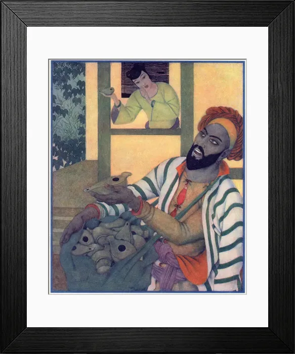 Framed Print : 4 of 4 illustration by Edmund Dulac of characters from the Arabian Nights'. The African magician regains Aladdin's lamp, handed over by Princess Badroulboudour. Date: 1926 Framed Print : 4 of 4 illustration by Edmund Dulac of characters from the Arabian Nights'. The African magician regains Aladdin's lamp, handed over by Princess Badroulboudour. Date: 1926