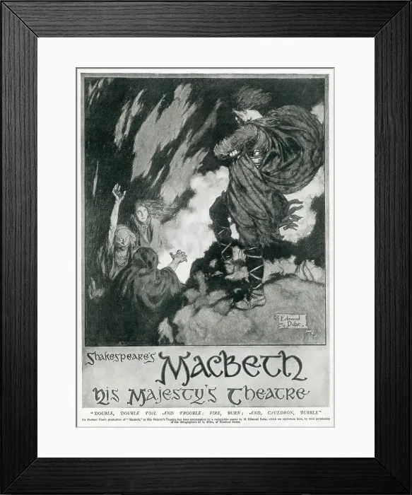Framed Print : Poster for Sir Herbert Tree's production of Macbeth at His Majesty's Theatre designed by Edmund Dulac. Poster shows a dramatic scene of Macbath meeting the three witches. Date: 1911 Framed Print : Poster for Sir Herbert Tree's production of Macbeth at His Majesty's Theatre designed by Edmund Dulac. Poster shows a dramatic scene of Macbath meeting the three witches. Date: 1911