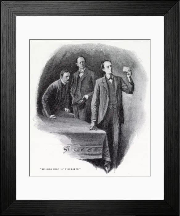 Framed Print : Sherlock Holmes - The Adventure of The Dancing Men. Holmes held up the paper. Date: 1903 Framed Print : Sherlock Holmes - The Adventure of The Dancing Men. Holmes held up the paper. Date: 1903