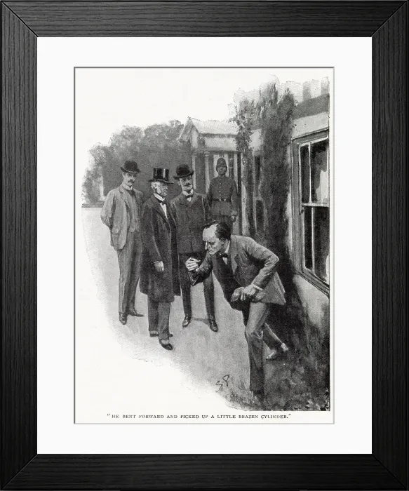 Framed Print : Sherlock Holmes - The Adventure of The Dancing Men. He bent forward and picked up a little brazen cyclinder. Date: 1903 Framed Print : Sherlock Holmes - The Adventure of The Dancing Men. He bent forward and picked up a little brazen cyclinder. Date: 1903