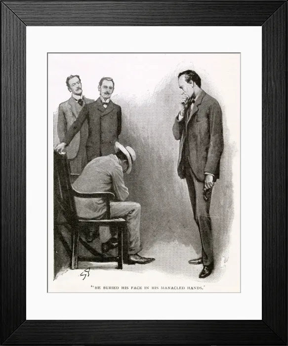 Framed Print : Sherlock Holmes - The Adventure of The Dancing Men. He buried his face in his manacled hands. Date: 1903 Framed Print : Sherlock Holmes - The Adventure of The Dancing Men. He buried his face in his manacled hands. Date: 1903