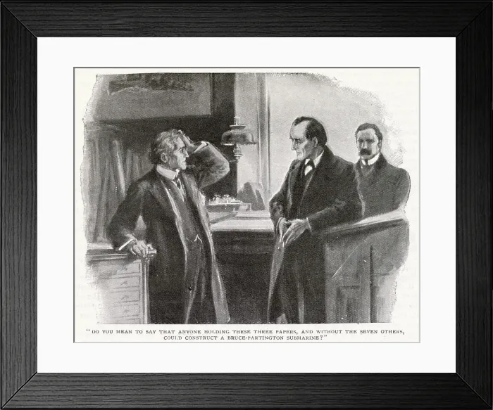 Framed Print : Sherlock Holmes - The Adventure of The Bruce-Partington Plans. Do you mean to say that anyone holding these three papers, and without the seven others, could construct a Bruce-Partington submarine? Date: 1908 Framed Print : Sherlock Holmes - The Adventure of The Bruce-Partington Plans. Do you mean to say that anyone holding these three papers, and without the seven others, could construct a Bruce-Partington submarine? Date: 1908
