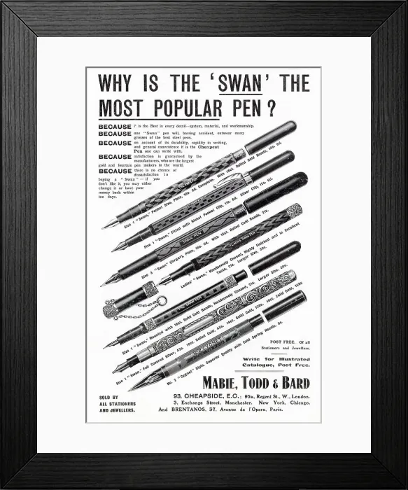 Framed Print : Advertisement for Swan decorative fountain pens. Date: 1904 Framed Print : Advertisement for Swan decorative fountain pens. Date: 1904