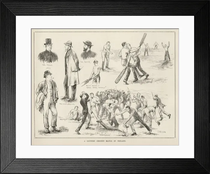 Framed Print : A country cricket match in Ireland. Quite a lot of fighting seems to be going on for a bit of divarshun'. Date: 1883 Framed Print : A country cricket match in Ireland. Quite a lot of fighting seems to be going on for a bit of divarshun'. Date: 1883