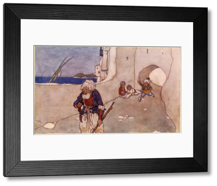 Framed Print : The Arabian Nights, illustration by Edmund Dulac. The Fisherman and the Genie. Recalling the fisherman by a swift messenger. Date: 1907 Framed Print : The Arabian Nights, illustration by Edmund Dulac. The Fisherman and the Genie. Recalling the fisherman by a swift messenger. Date: 1907