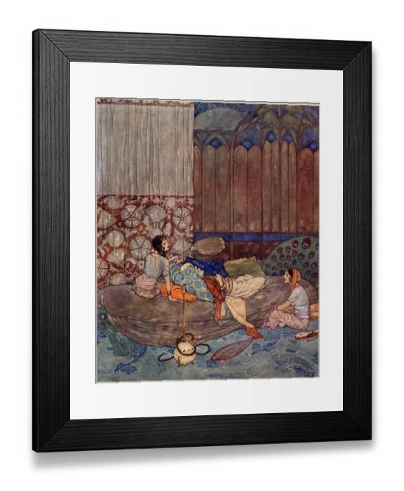Framed Print : The Arabian Nights, illustration by Edmund Dulac. The Story of the King of the Ebony Isles. Supposing me asleep, they began to talk Date: 1907 Framed Print : The Arabian Nights, illustration by Edmund Dulac. The Story of the King of the Ebony Isles. Supposing me asleep, they began to talk Date: 1907