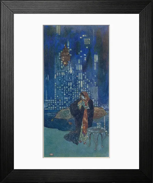 Framed Print : The Arabian Nights, illustration by Edmund Dulac.The Story of the King of the Ebony Isles. The cup of wine which she gives him each night contains a sleeping draught Framed Print : The Arabian Nights, illustration by Edmund Dulac.The Story of the King of the Ebony Isles. The cup of wine which she gives him each night contains a sleeping draught