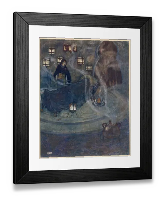 Framed Print : The Arabian Nights, illustration by Edmund Dulac. The Story of the King of the Ebony Isles. Began to heap upon me terms of the most violent and shameful abuse Date: 1907 Framed Print : The Arabian Nights, illustration by Edmund Dulac. The Story of the King of the Ebony Isles. Began to heap upon me terms of the most violent and shameful abuse Date: 1907