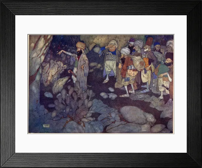 Framed Print : The Arabian Nights, illustration by Edmund Dulac. Ali Baba and the Forty Thieves. Their chief in a low but distinct voice uttered the two words Open Sesame! Date: 1907 Framed Print : The Arabian Nights, illustration by Edmund Dulac. Ali Baba and the Forty Thieves. Their chief in a low but distinct voice uttered the two words Open Sesame! Date: 1907