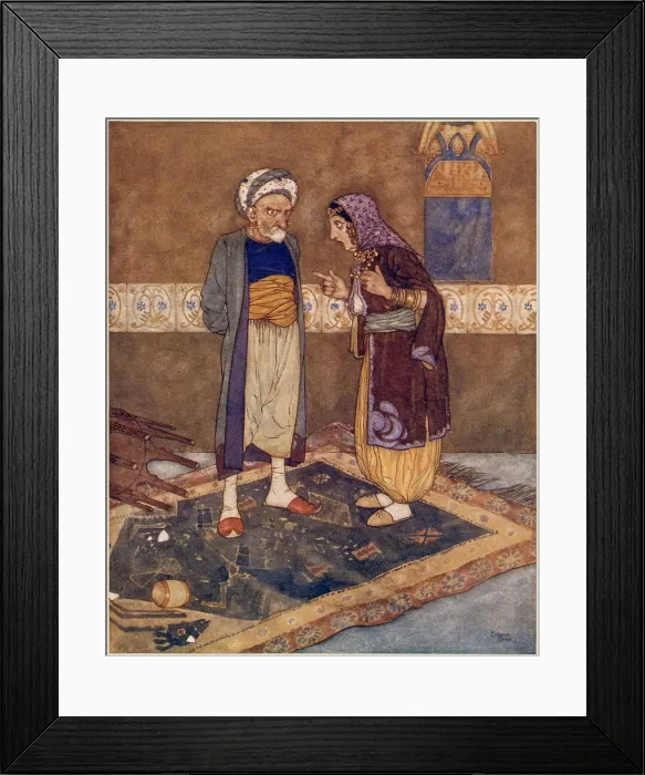 Framed Print : The Arabian Nights, illustration by Edmund Dulac. Ali Baba and the Forty Thieves. As soon as he came in she began to jeer at him. Date: 1907 Framed Print : The Arabian Nights, illustration by Edmund Dulac. Ali Baba and the Forty Thieves. As soon as he came in she began to jeer at him. Date: 1907