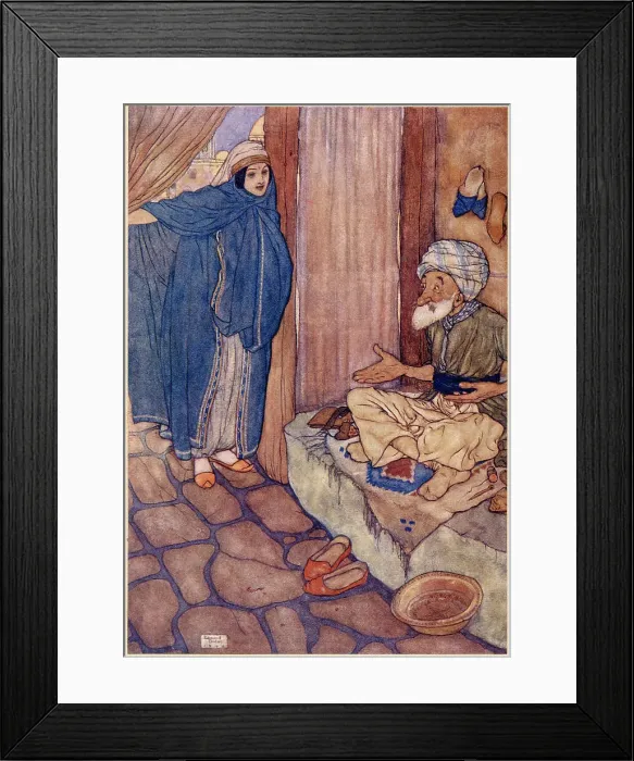 Framed Print : The Arabian Nights, illustration by Edmund Dulac. Ali Baba and the Forty Thieves. Mustapha doubted much of his ability to refrain from question. Date: 1907 Framed Print : The Arabian Nights, illustration by Edmund Dulac. Ali Baba and the Forty Thieves. Mustapha doubted much of his ability to refrain from question. Date: 1907