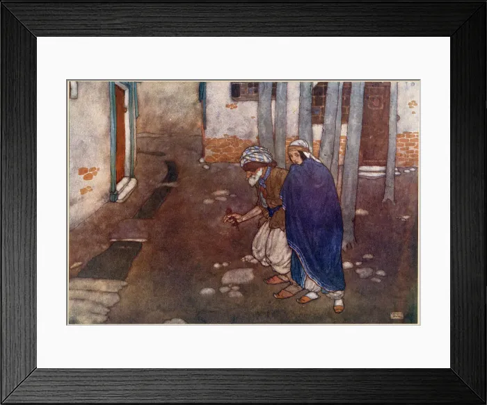 Framed Print : The Arabian Nights, illustration by Edmund Dulac. Ali Baba and the Forty Thieves. This way and that she led him blindfold. Date: 1907 Framed Print : The Arabian Nights, illustration by Edmund Dulac. Ali Baba and the Forty Thieves. This way and that she led him blindfold. Date: 1907