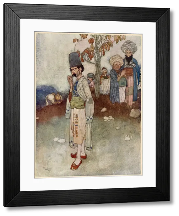 Framed Print : The Arabian Nights, illustration by Edmund Dulac. Ali Baba and the Forty Thieves. Having transformed himself by disguise Date: 1907 Framed Print : The Arabian Nights, illustration by Edmund Dulac. Ali Baba and the Forty Thieves. Having transformed himself by disguise Date: 1907