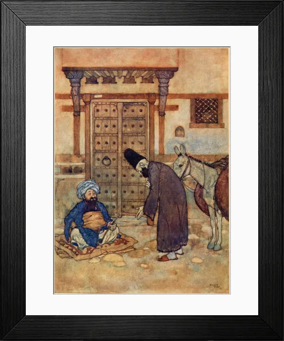 Framed Print : The Arabian Nights, illustration by Edmund Dulac. Ali Baba and the Forty Thieves. Sir, said he, I have brought my oil a great distance to sell tomorrow. Date: 1907 Framed Print : The Arabian Nights, illustration by Edmund Dulac. Ali Baba and the Forty Thieves. Sir, said he, I have brought my oil a great distance to sell tomorrow. Date: 1907