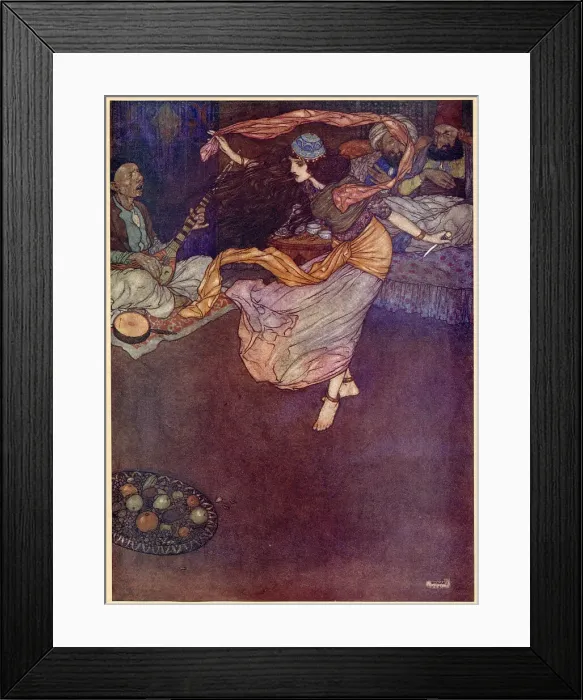 Framed Print : The Arabian Nights, illustration by Edmund Dulac. Ali Baba and the Forty Thieves. Then for the last figure of all she drew out the dagger. Date: 1907 Framed Print : The Arabian Nights, illustration by Edmund Dulac. Ali Baba and the Forty Thieves. Then for the last figure of all she drew out the dagger. Date: 1907