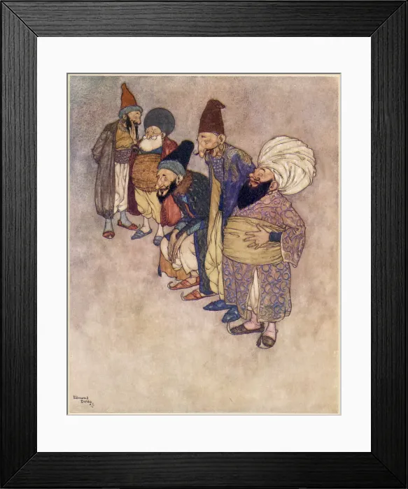 Framed Print : The Arabian Nights, illustration by Edmund Dulac. The Story of the Magic Horse. At so arrogant a claim all the courtiers burst into loud laughter. Date: 1907 Framed Print : The Arabian Nights, illustration by Edmund Dulac. The Story of the Magic Horse. At so arrogant a claim all the courtiers burst into loud laughter. Date: 1907