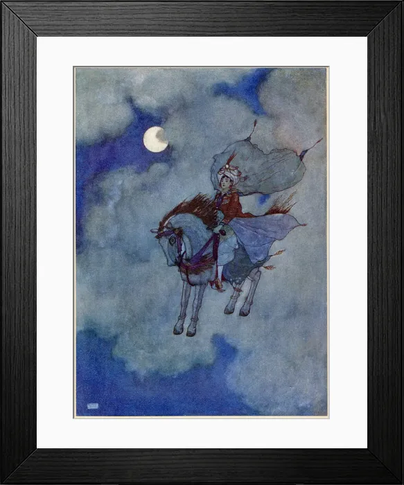 Framed Print : The Arabian Nights, illustration by Edmund Dulac. The Story of the Magic Horse. As he descended, the daylight in which hitherto he had been travelling faded from view. Date: 1907 Framed Print : The Arabian Nights, illustration by Edmund Dulac. The Story of the Magic Horse. As he descended, the daylight in which hitherto he had been travelling faded from view. Date: 1907