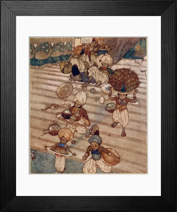 Framed Print : The Arabian Nights, illustration by Edmund Dulac. The Story of the Magic Horse. She gave orders for a rich banquet to be prepared. Date: 1907 Framed Print : The Arabian Nights, illustration by Edmund Dulac. The Story of the Magic Horse. She gave orders for a rich banquet to be prepared. Date: 1907