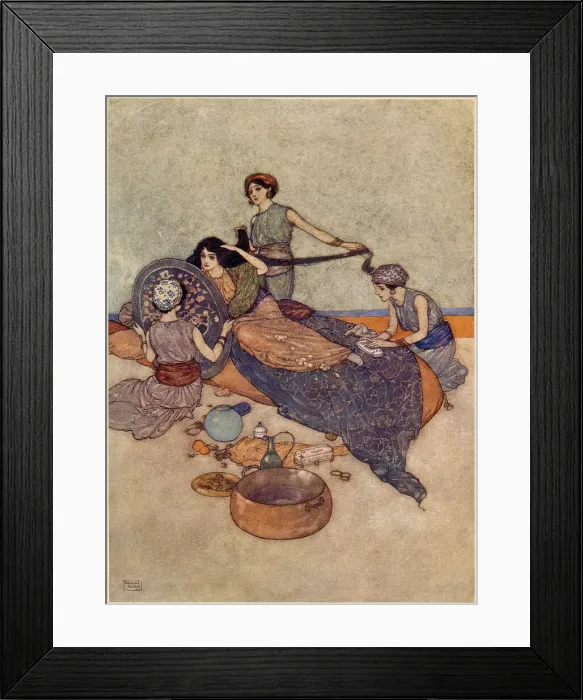 Framed Print : The Arabian Nights, illustration by Edmund Dulac. The Story of the Magic Horse. Till the tale of her mirror contented her Date: 1907 Framed Print : The Arabian Nights, illustration by Edmund Dulac. The Story of the Magic Horse. Till the tale of her mirror contented her Date: 1907