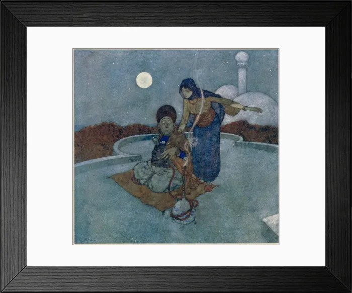 Framed Print : The Arabian Nights, illustration by Edmund Dulac. The Story of the Magic Horse. She cried, O miserable man, what sorry watch is this that thou hast kept Date: 1907 Framed Print : The Arabian Nights, illustration by Edmund Dulac. The Story of the Magic Horse. She cried, O miserable man, what sorry watch is this that thou hast kept Date: 1907