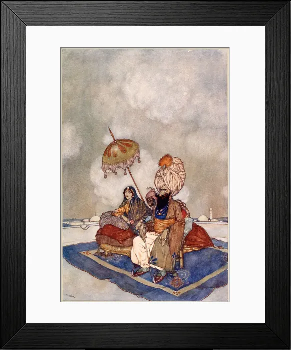 Framed Print : The Arabian Nights, illustration by Edmund Dulac. The Story of the Magic Horse. All this time the Princess had been watching the combat from the roof of the palace. Date: 1907 Framed Print : The Arabian Nights, illustration by Edmund Dulac. The Story of the Magic Horse. All this time the Princess had been watching the combat from the roof of the palace. Date: 1907