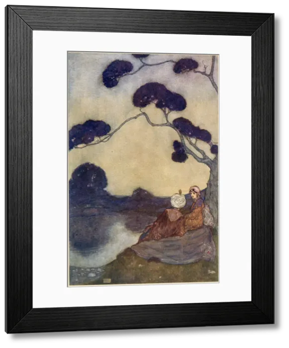 Framed Print : The Arabian Nights, illustration by Edmund Dulac. The Story of the Magic Horse. Sat by the lake and solaced themselves sweetly with love Date: 1907 Framed Print : The Arabian Nights, illustration by Edmund Dulac. The Story of the Magic Horse. Sat by the lake and solaced themselves sweetly with love Date: 1907