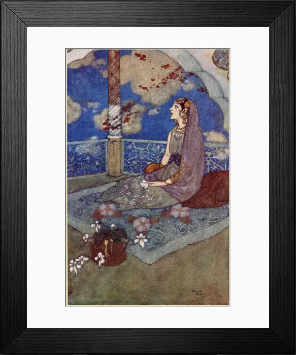 Framed Print : The Arabian Nights, illustration by Edmund Dulac. The Story of the Magic Horse. And ever with the tears falling down from her eyes she sighed and sang. Date: 1907 Framed Print : The Arabian Nights, illustration by Edmund Dulac. The Story of the Magic Horse. And ever with the tears falling down from her eyes she sighed and sang. Date: 1907
