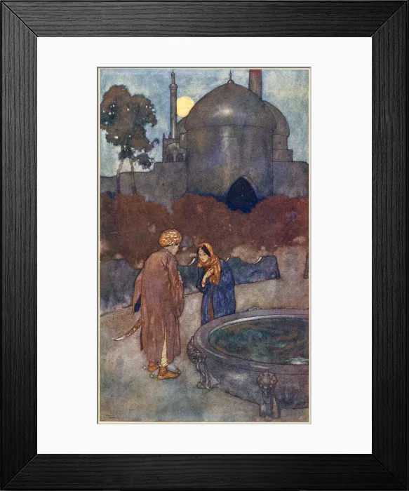Framed Print : The Arabian Nights, illustration by Edmund Dulac. The Story of the Wicked Half-Brothers. The lady advanced to meet him Date: 1907 Framed Print : The Arabian Nights, illustration by Edmund Dulac. The Story of the Wicked Half-Brothers. The lady advanced to meet him Date: 1907