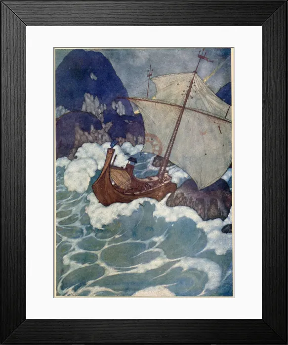 Framed Print : The Arabian Nights, illustration by Edmund Dulac. The Story of the Princess of Deryabar. The ship struck a rock. Date: 1907 Framed Print : The Arabian Nights, illustration by Edmund Dulac. The Story of the Princess of Deryabar. The ship struck a rock. Date: 1907