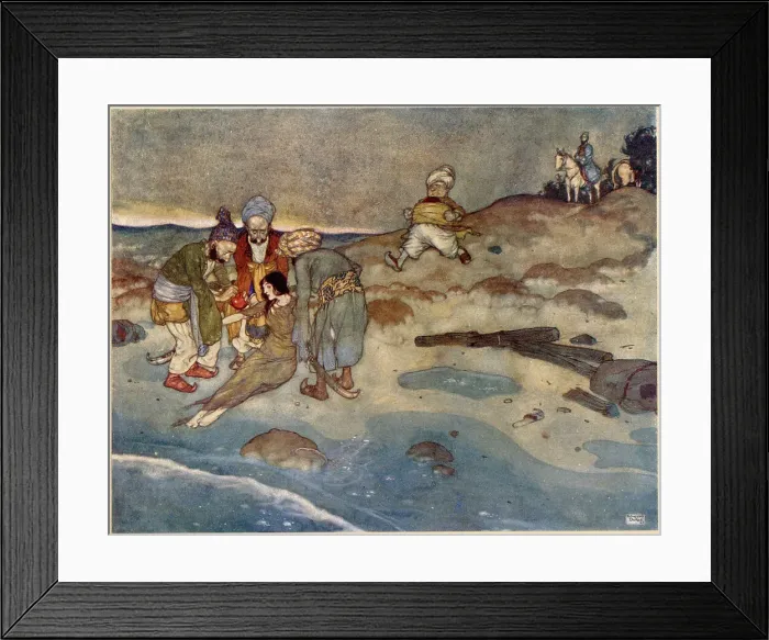 Framed Print : The Arabian Nights, illustration by Edmund Dulac. The Story of the Princess of Deryabar. And presently, feeling myself lifted by men's hands Date: 1907 Framed Print : The Arabian Nights, illustration by Edmund Dulac. The Story of the Princess of Deryabar. And presently, feeling myself lifted by men's hands Date: 1907