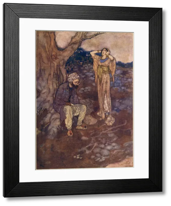 Framed Print : The Arabian Nights, illustration by Edmund Dulac. The Story of the Princess of Deryabar. She found to her grief the place where Codadad had lain left vacant. Date: 1907 Framed Print : The Arabian Nights, illustration by Edmund Dulac. The Story of the Princess of Deryabar. She found to her grief the place where Codadad had lain left vacant. Date: 1907