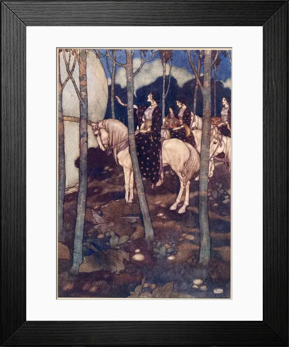 Framed Print : The Arabian Nights, illustration by Edmund Dulac. The Story of the Princess of Deryabar. After these, maidens on white horses, with heads unveiled, bearing in their hands baskets of precious stones Date: 1907 Framed Print : The Arabian Nights, illustration by Edmund Dulac. The Story of the Princess of Deryabar. After these, maidens on white horses, with heads unveiled, bearing in their hands baskets of precious stones Date: 1907