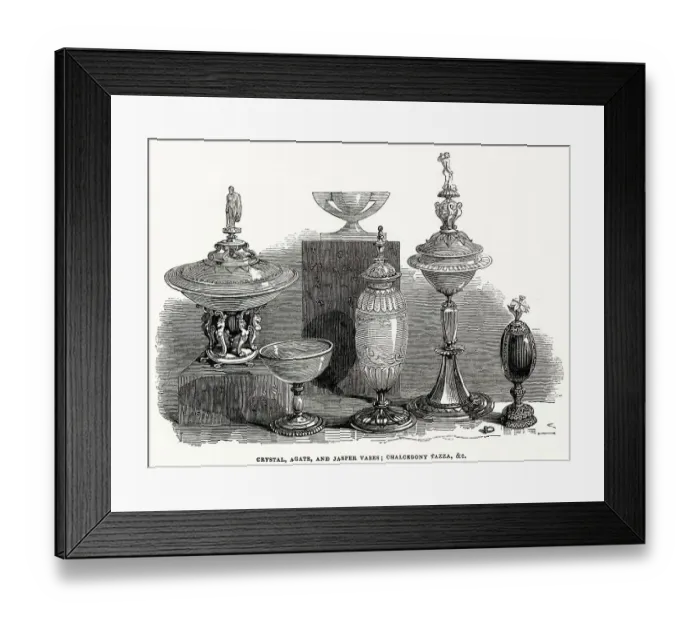 Framed Print : Crystal, agate and jasper vases and a chalcedony tazza, objects in a sale of the Beckford Collection in 1845. Date: 1845 Framed Print : Crystal, agate and jasper vases and a chalcedony tazza, objects in a sale of the Beckford Collection in 1845. Date: 1845