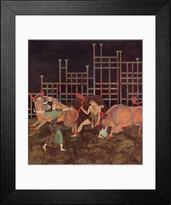 Framed Print : Illustration by Edmund Dulac to The Golden Fleece, in Tanglewood Tales by Nathaniel Hawthorne. Jason with the brazen bulls: He caught one of them by the horn and the other by his screwed-up tail. Date: 1918 Framed Print : Illustration by Edmund Dulac to The Golden Fleece, in Tanglewood Tales by Nathaniel Hawthorne. Jason with the brazen bulls: He caught one of them by the horn and the other by his screwed-up tail. Date: 1918